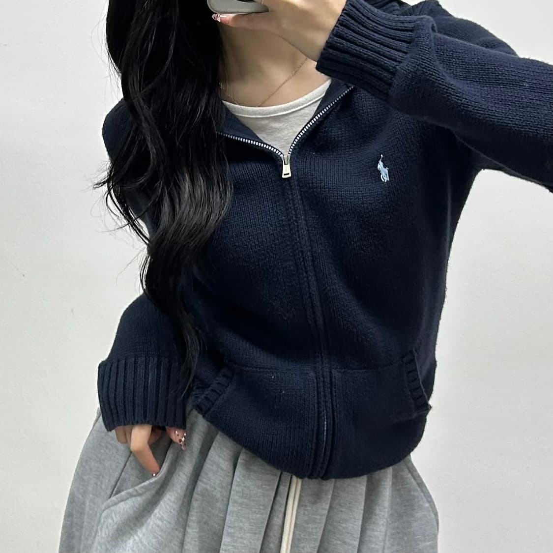 *최신형 폴로 랄프로렌 큐알택 네이비 걸즈 니트 집업 희귀져지(L) 상품이미지1