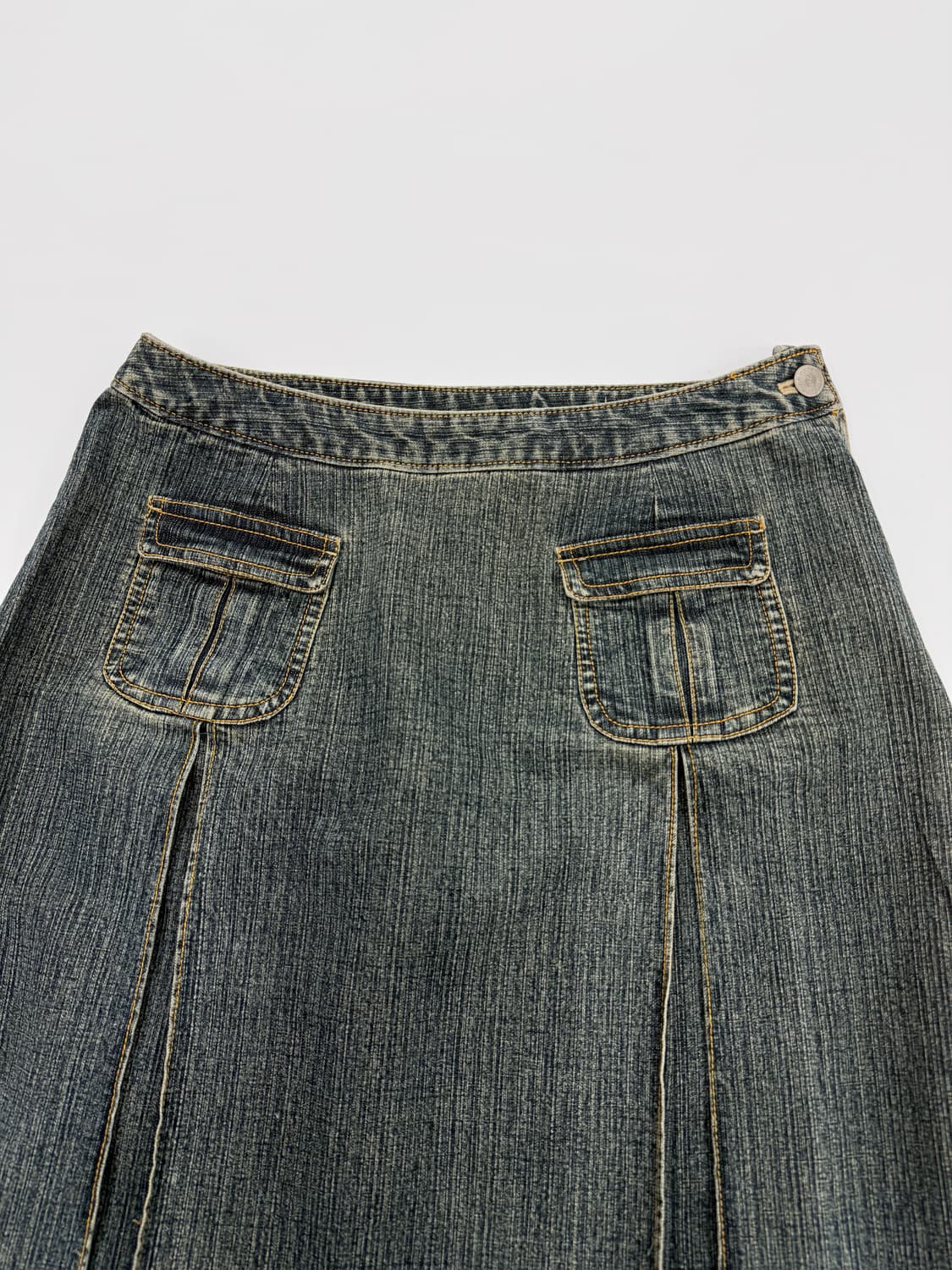 빈티지 enracine 데님 포켓 플리츠 미디 스커트 상품이미지2