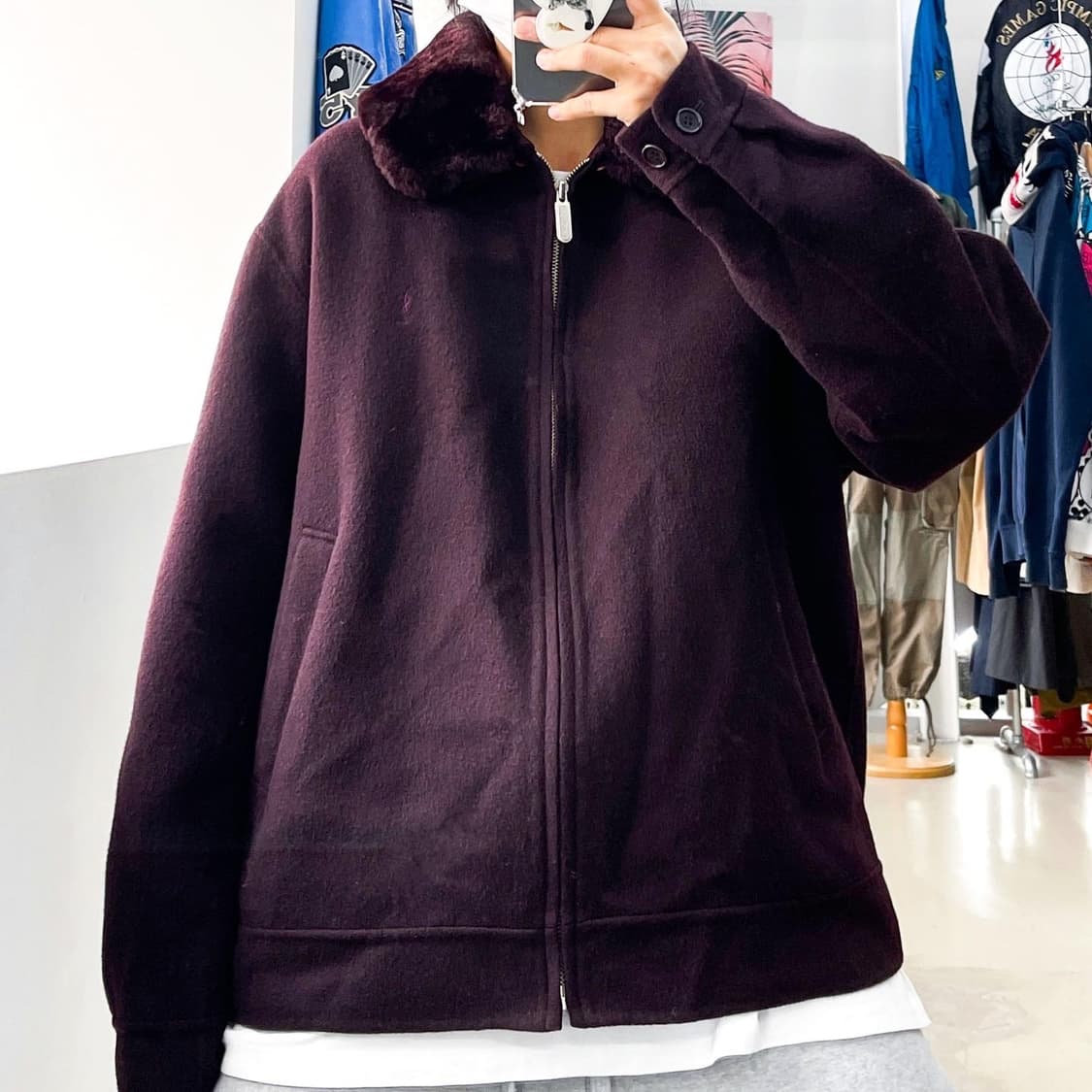 이브 생 로랑 미니멀 와인색 퍼 울 자켓 상품이미지2