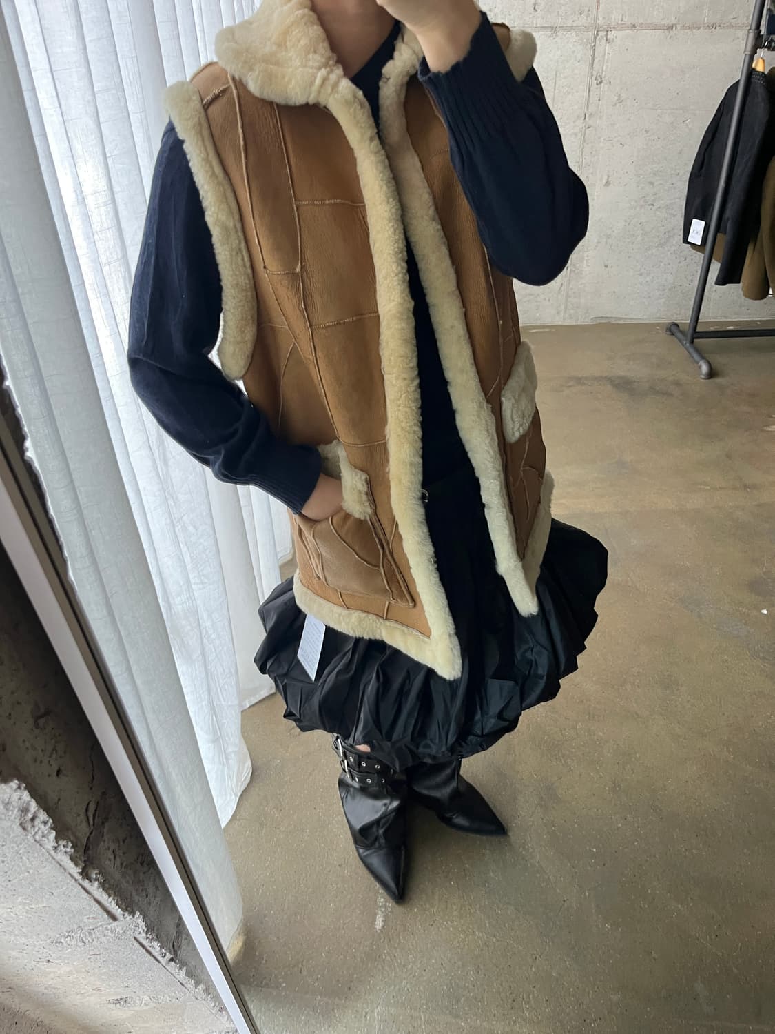 90s Genuine Lambskin 천연 양가죽 시어링 베스트 카멜 상품이미지2