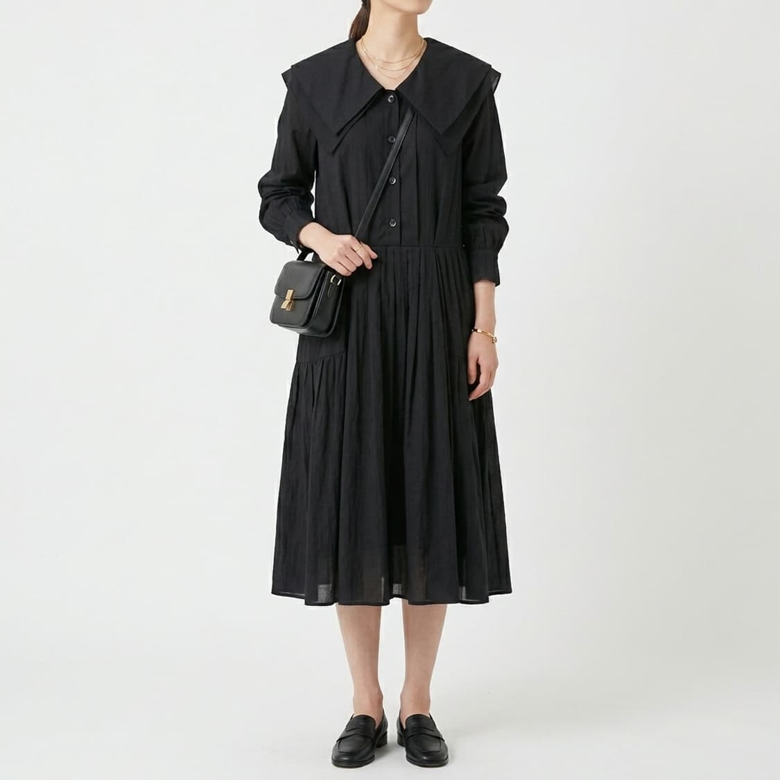 ​[한섬 SJSJ] 빅 카라 셔링 셔츠 롱 원피스 (블랙/76) 상품이미지1