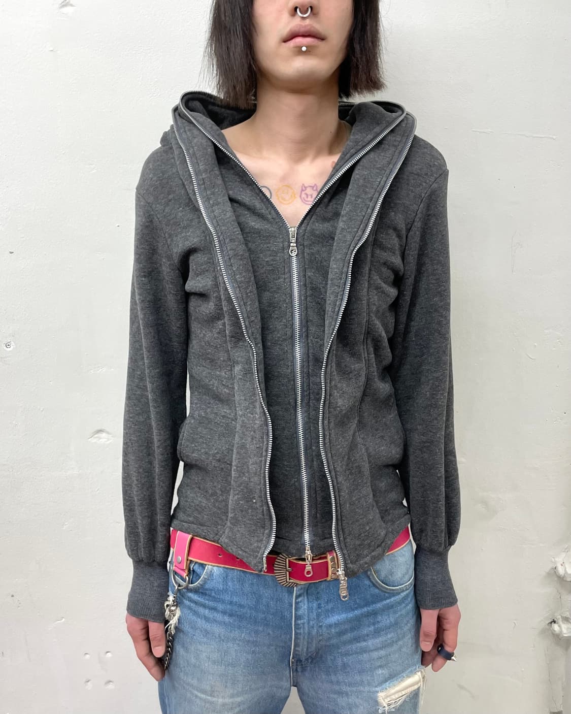 two zipper closure gray hooded zip-up 상품이미지3