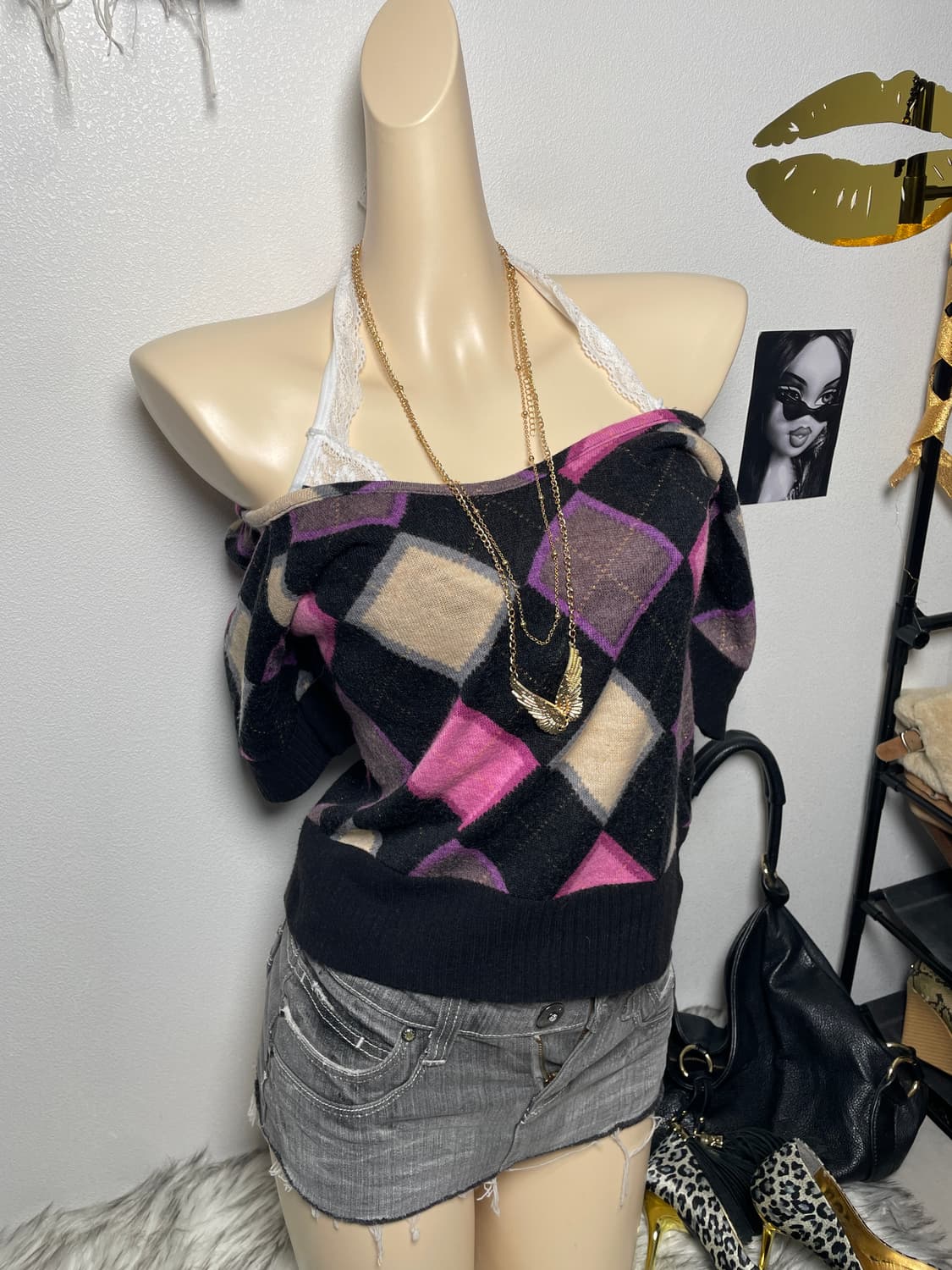 러블리 키치 아가일 오프숄더 니트 반팔티 탑 상품이미지2