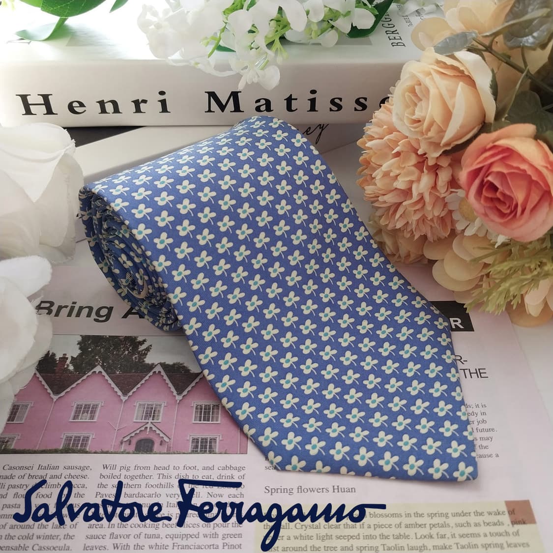 페라가모 실크 블루 플라워 패턴 넥타이 9.4cm A+등급 K1648
 상품이미지3