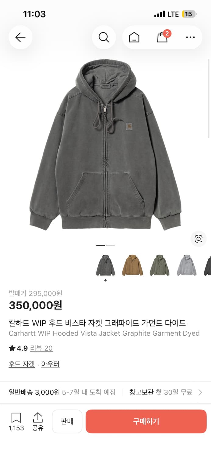 칼하트 wip 후드 비스타 자켓 블랙 가먼트 다이드 상품이미지3