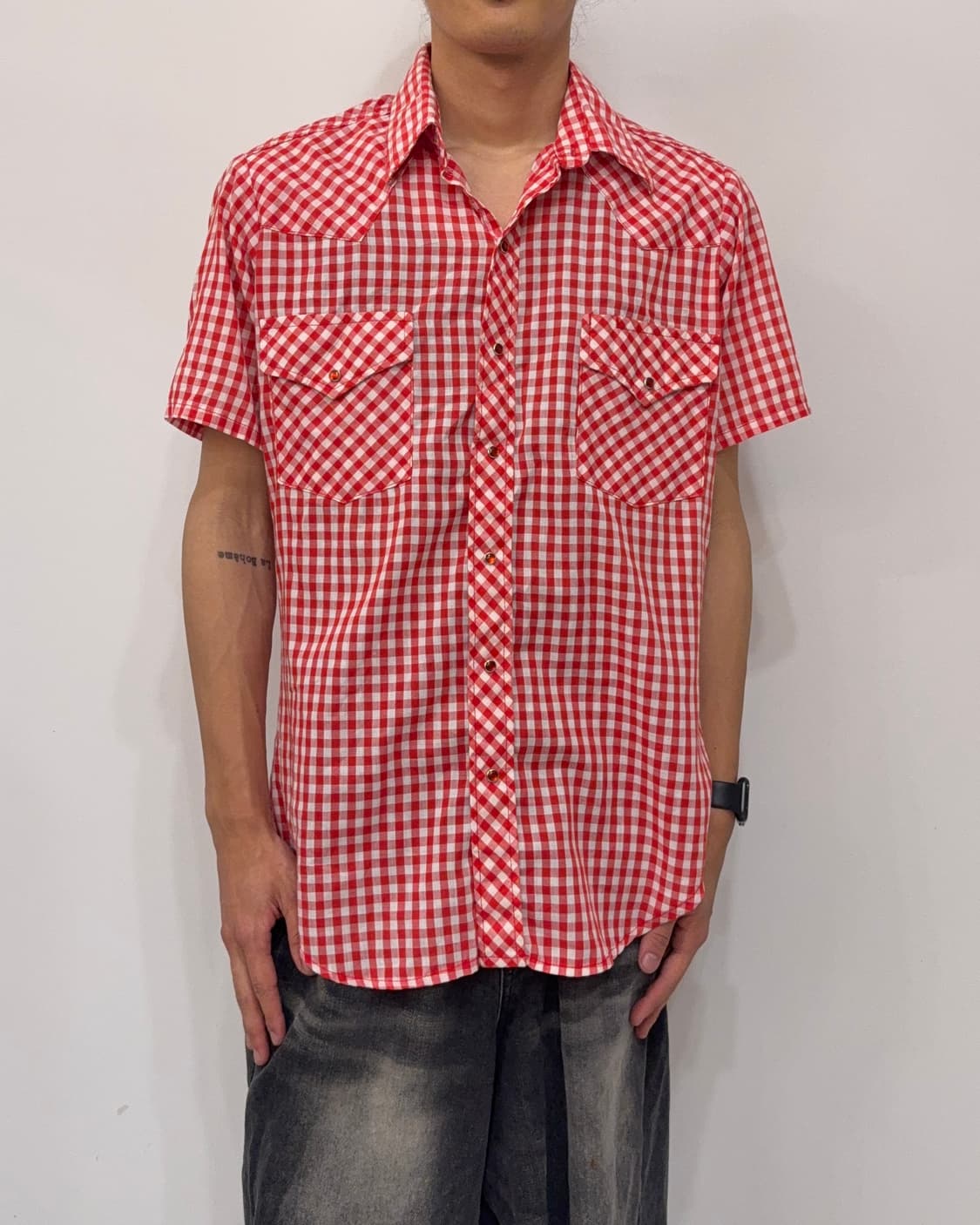 빈티지 웨스턴 셔츠 레드 깅엄 체크 반팔 상품이미지7