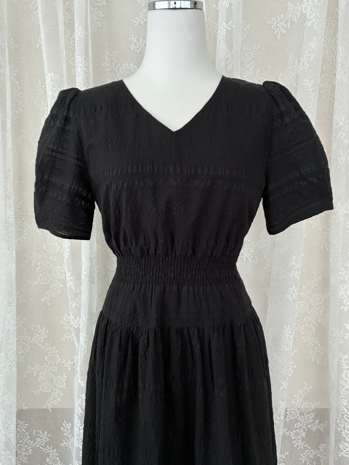 55) 리스트 25SS 스모킹 브이넥 플레어 원피스 블랙 상품이미지3