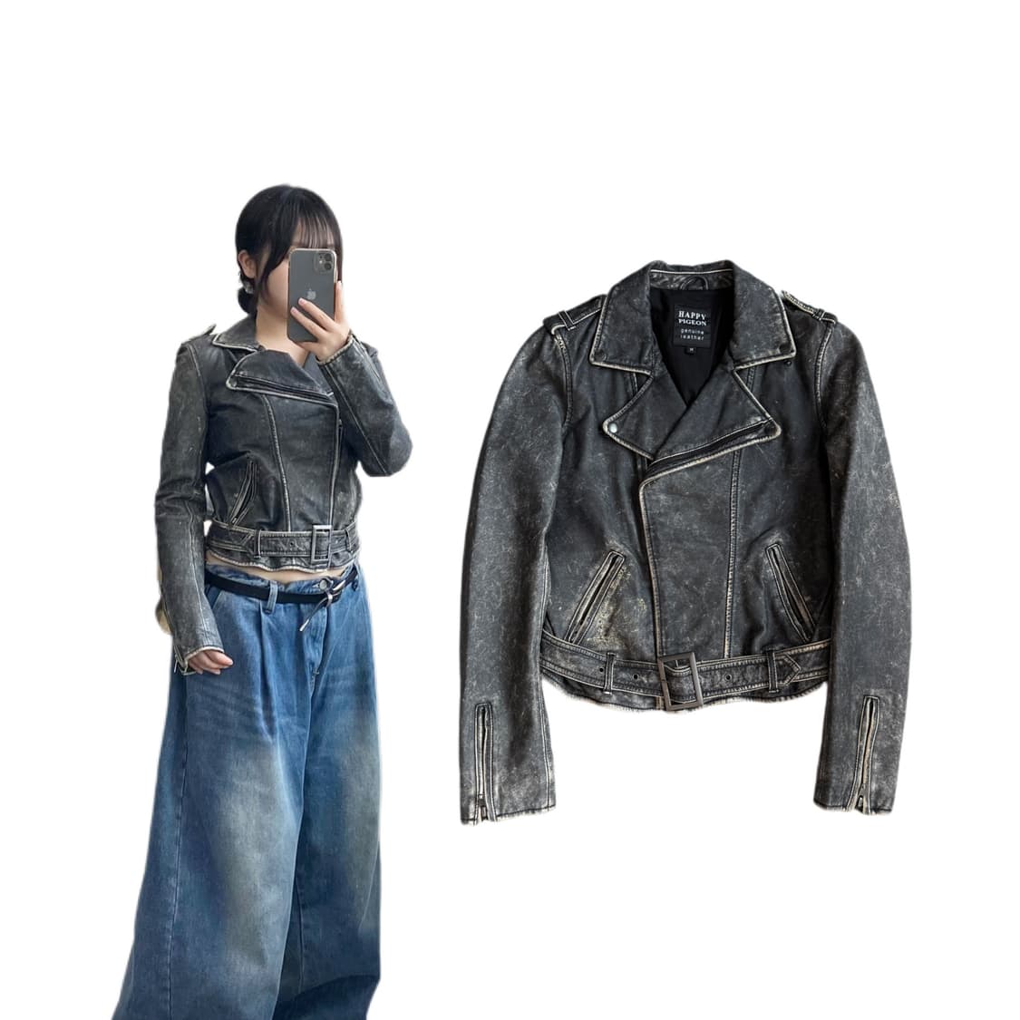 리얼레더 90s 사선 라이더 바이커 빈티지 가죽 자켓 상품이미지1
