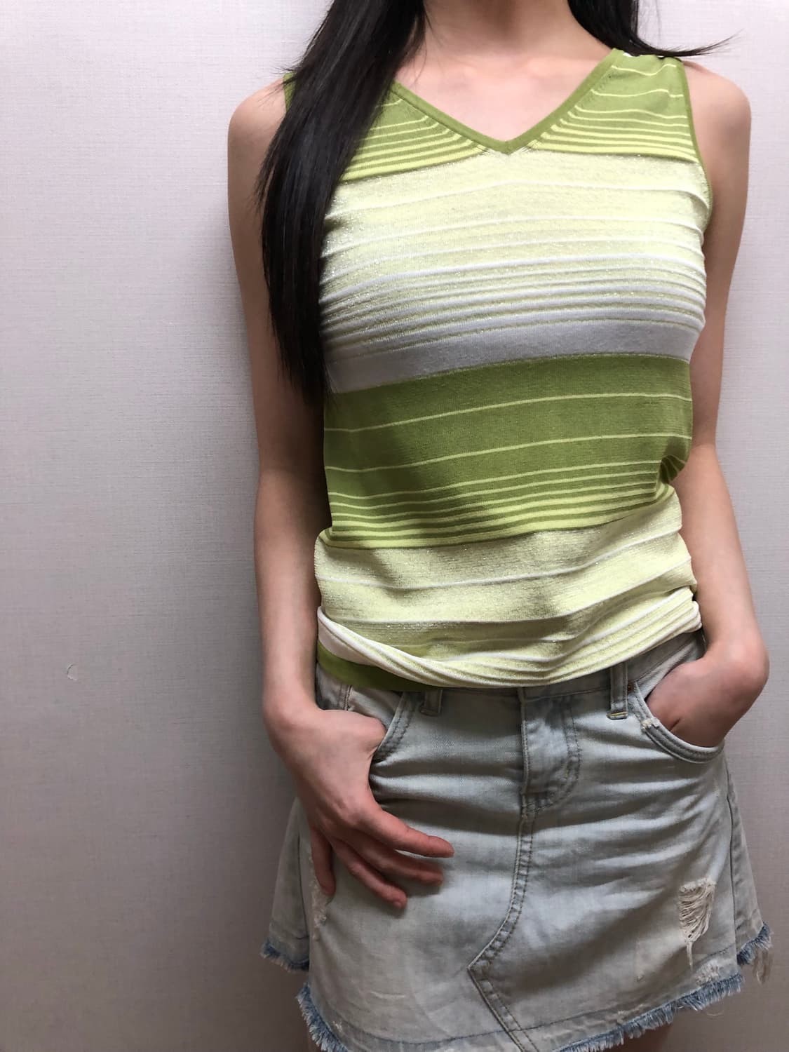 빈티지 그린 스트라이프 글리터 슬리브리스 상품이미지3