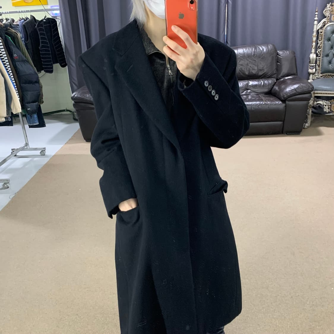 아쿠아스큐텀 블랙 싱글 버튼 롱코트 램스울 캐시미어 혼방 블레이저st남성 상품이미지2