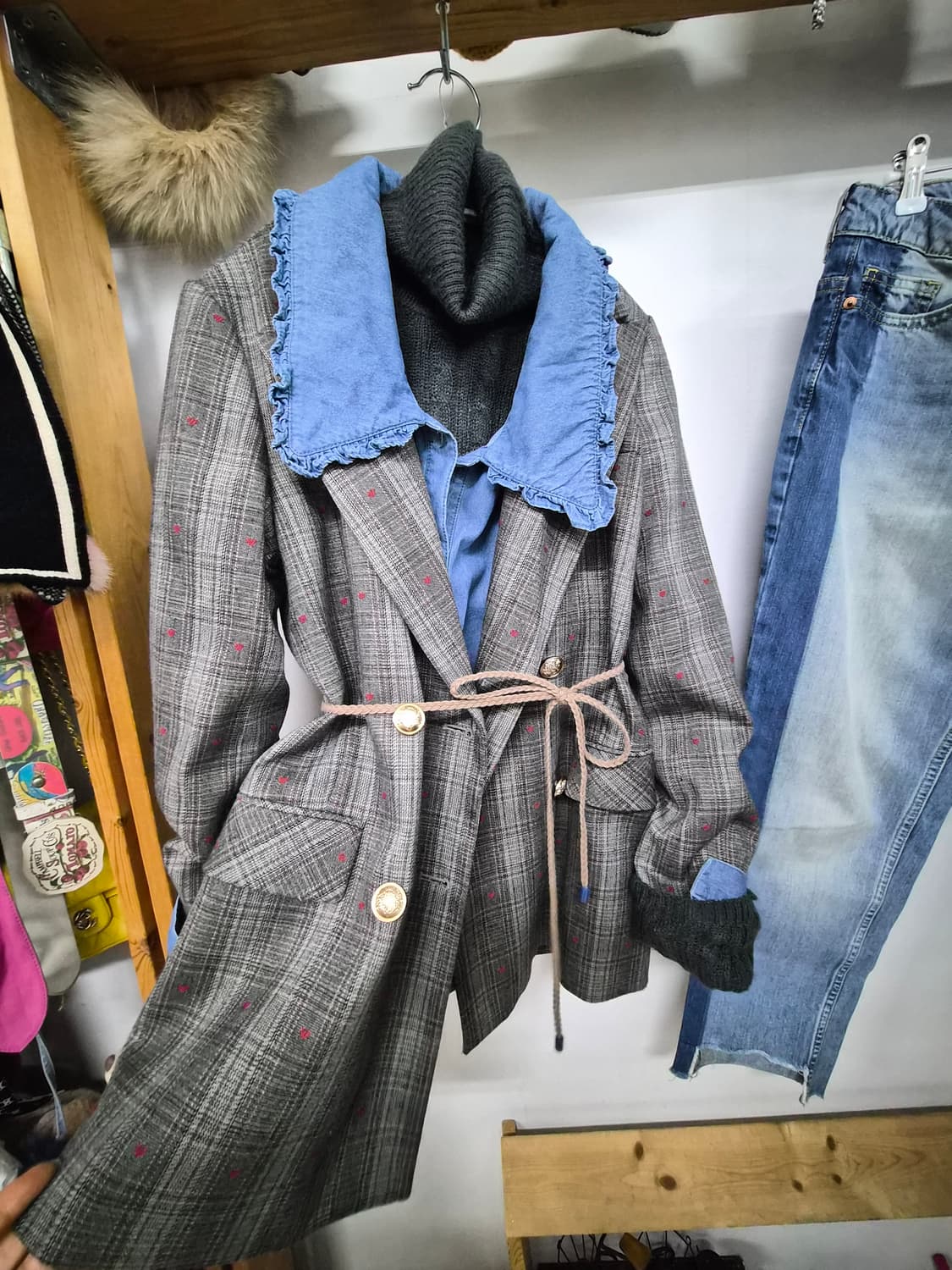 폴앤조 울 자수 하트 체크 자켓 상품이미지2