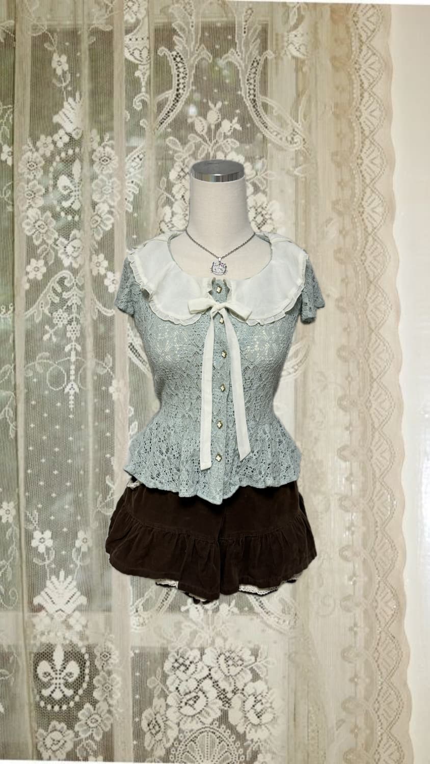 앙크루즈 민트 레이스 프릴 블라우스 라떼 히메 갸루 러블리 로걀 빈티지 상품이미지1