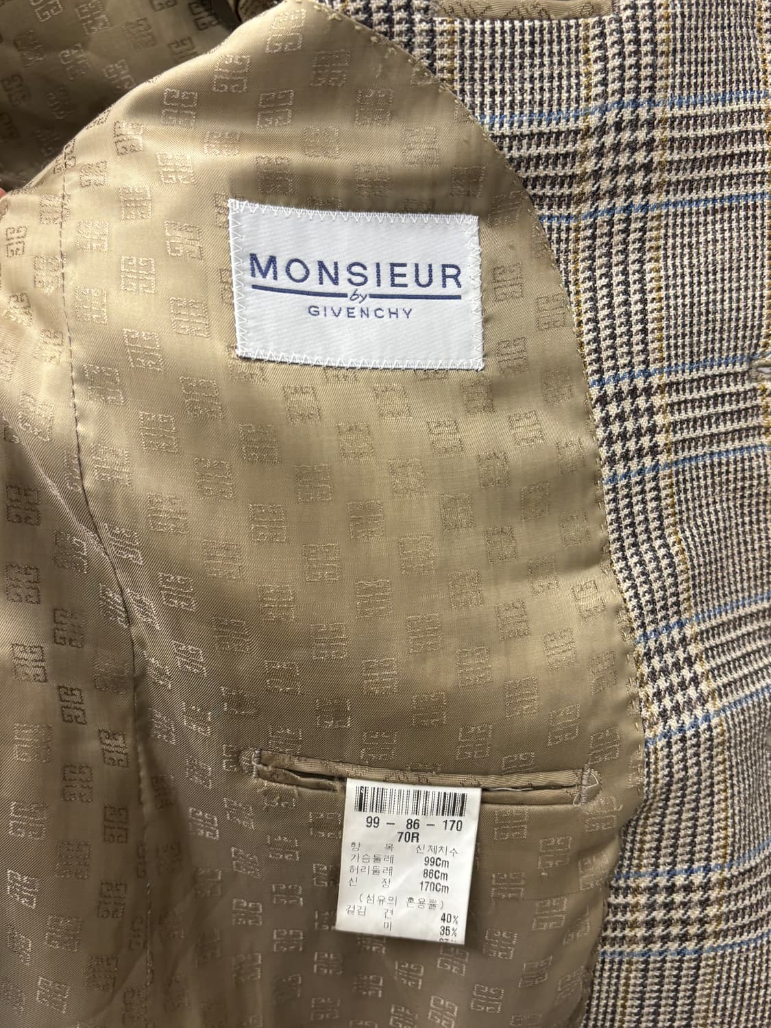 지방시 Monsieur Givenchy 체크 자켓 95~100사이즈 상품이미지5