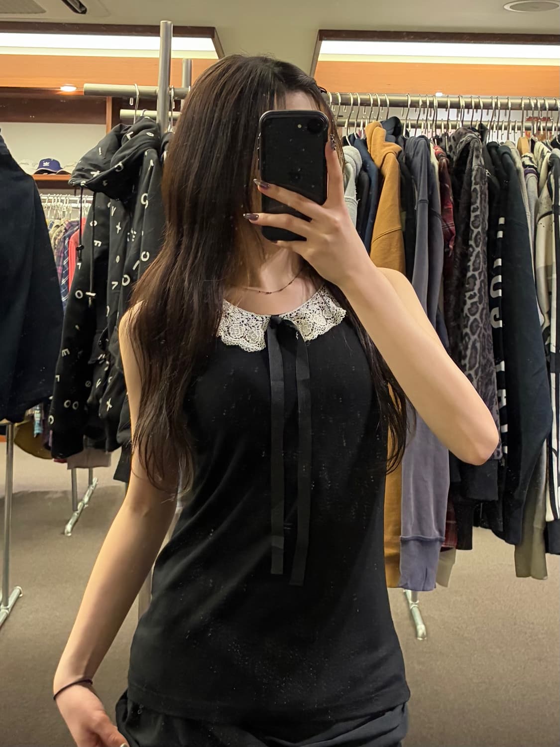 L)Japanese vintage 여성 레이스 리본 디테일 블랙 나시 상품이미지1