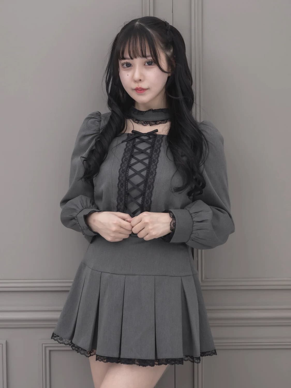 피움 일브 레이스업초커탑상의 페더울플레어스커트 코튼레이스프릴리본원피스 상품이미지1