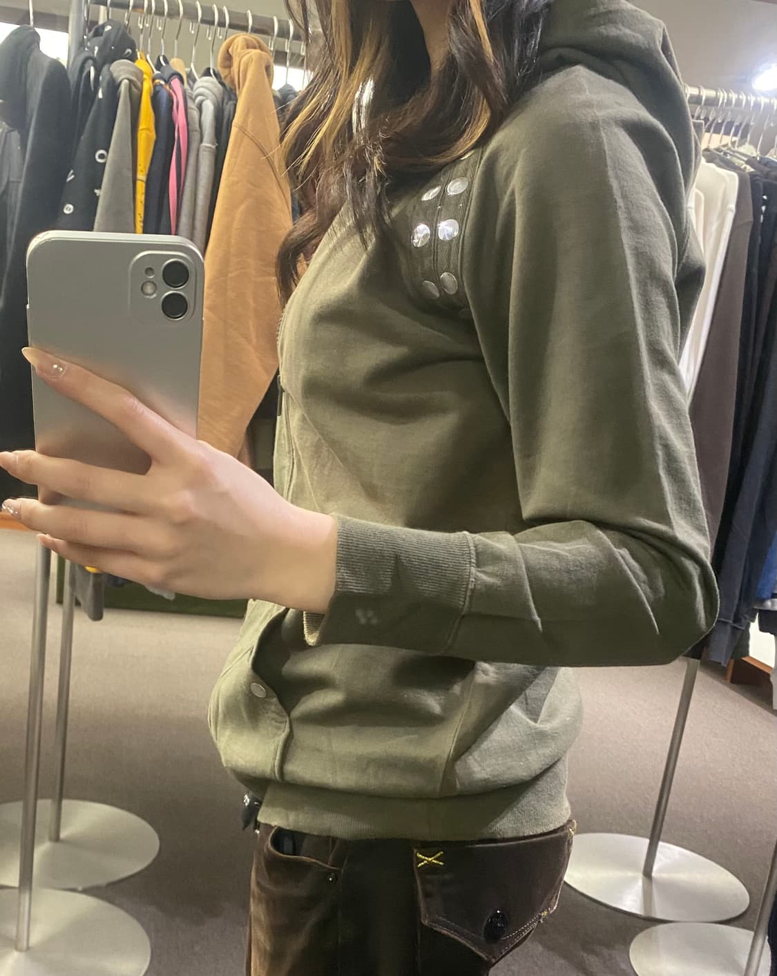 M)Japanese vintage 여성 스터드 카키 후디 상품이미지4