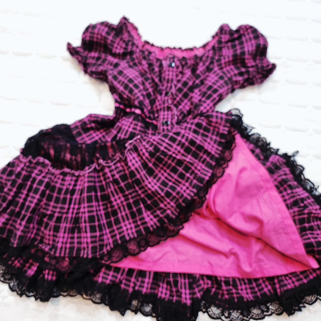 핑크 체크 블랙 레이스 고스로리 원피스 상품이미지5