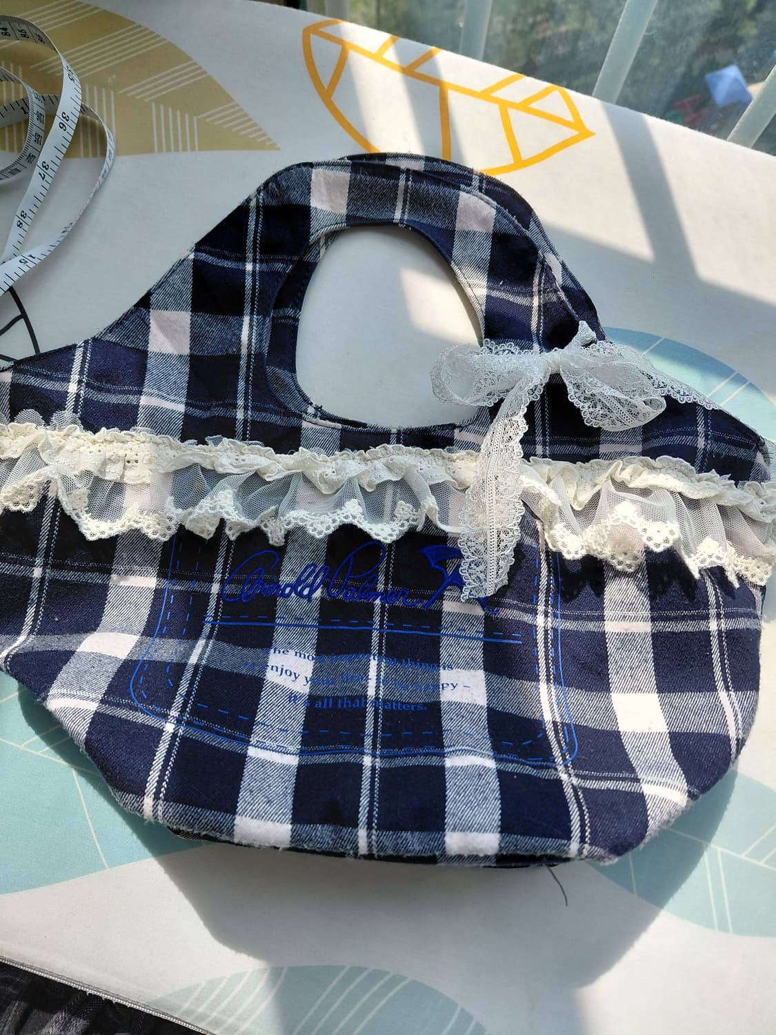 [일본빈티지 리폼] 체크무늬 레이스 장식 토트백 모리걸가방 상품이미지3