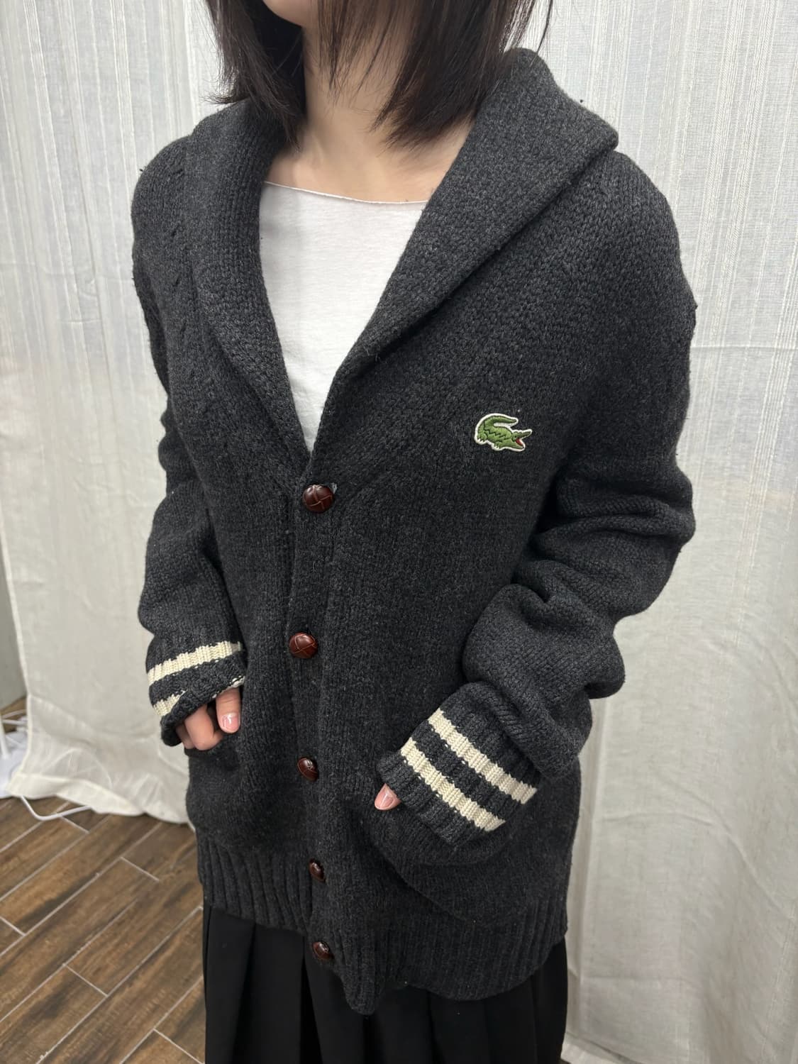라코스테 차콜 모직 니트 숄카라 가디건 상품이미지1
