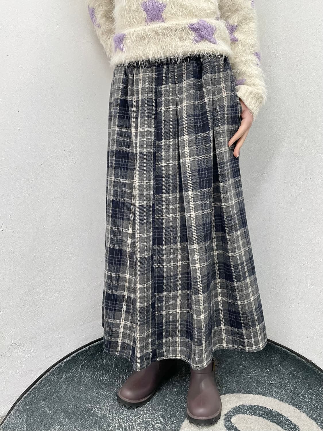 니혼진 체크 모직 롱 플리츠 스커트 상품이미지3