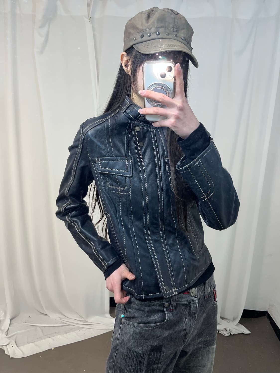 블랙 스티치 레더 자켓 상품이미지6