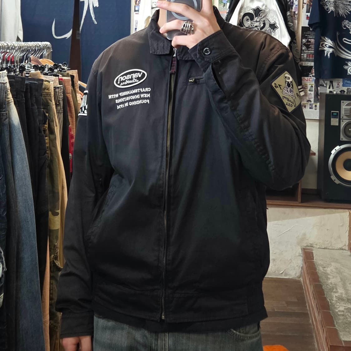 밴슨 레더 블랙 코튼 자수 패치 바이커 자켓 상품이미지2