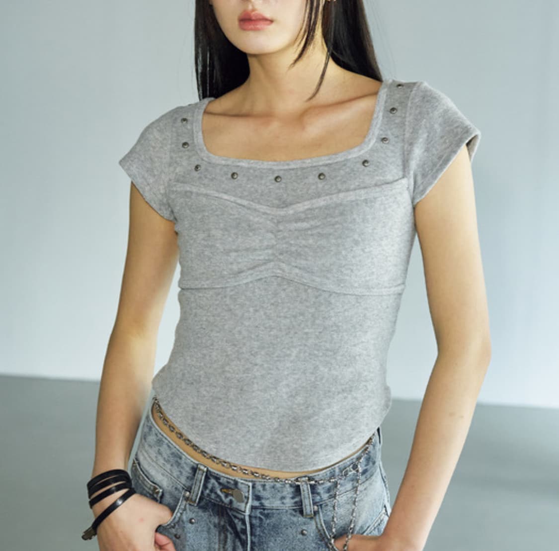 헬레네파리스 테리 레이어드 셔링 스터드 하프 티셔츠 [멜란지] 상품이미지1
