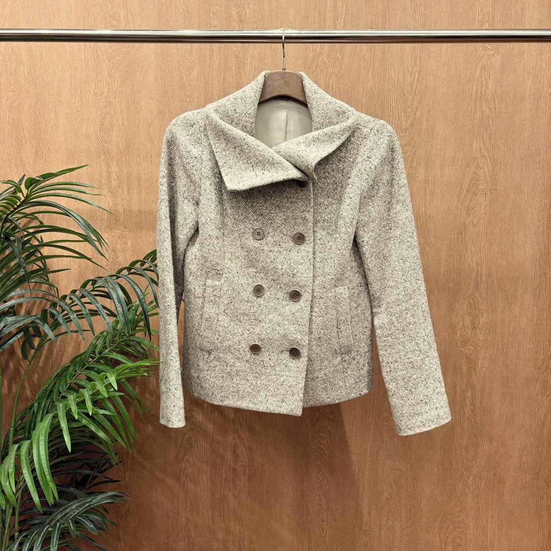 띠어리 울 블렌드 숏 피코트 더블 브레스트 트위드 텍스처 디테일 그레이 상품이미지1