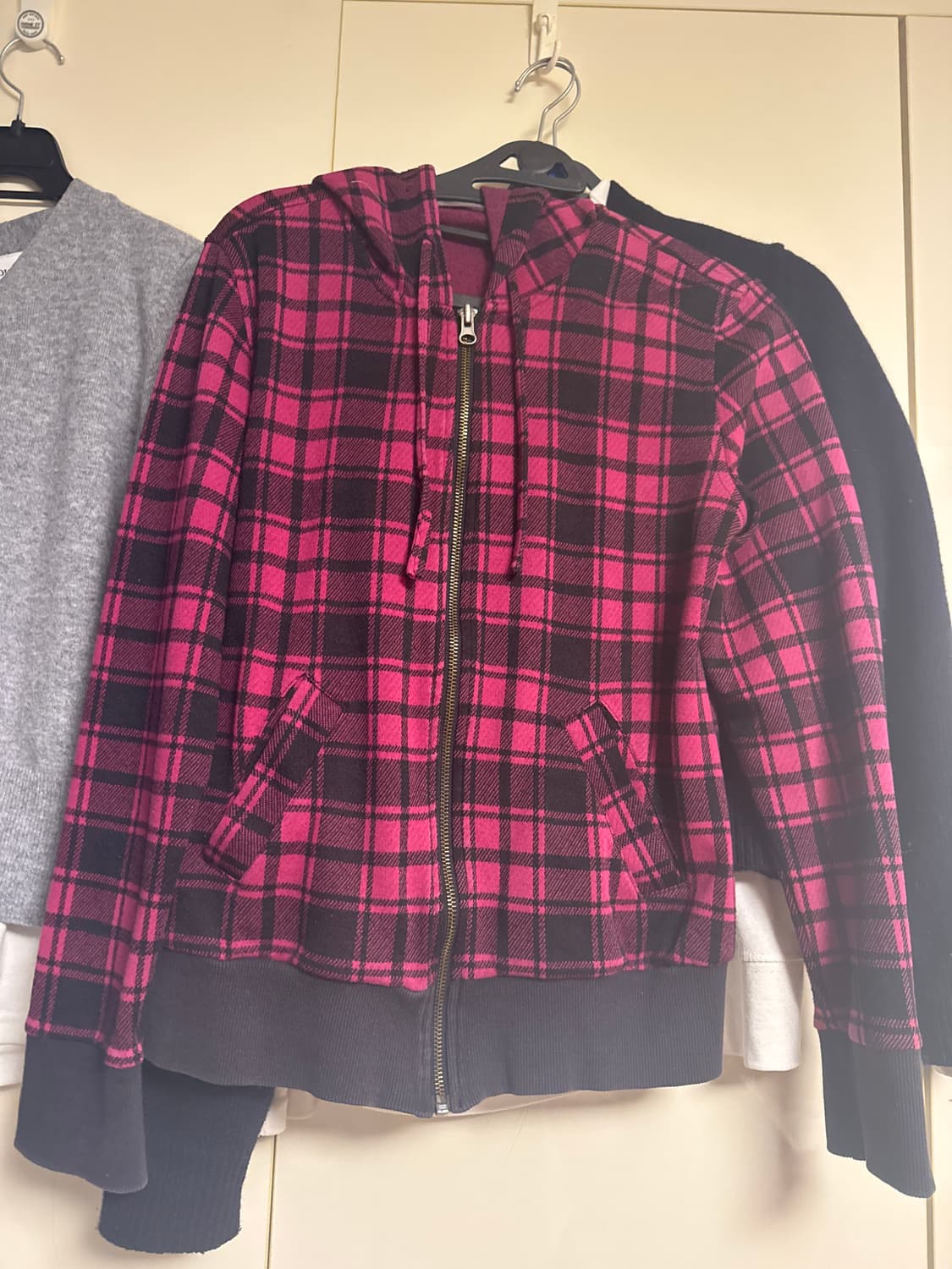 핑크 검정 체크 후드집업 상품이미지1