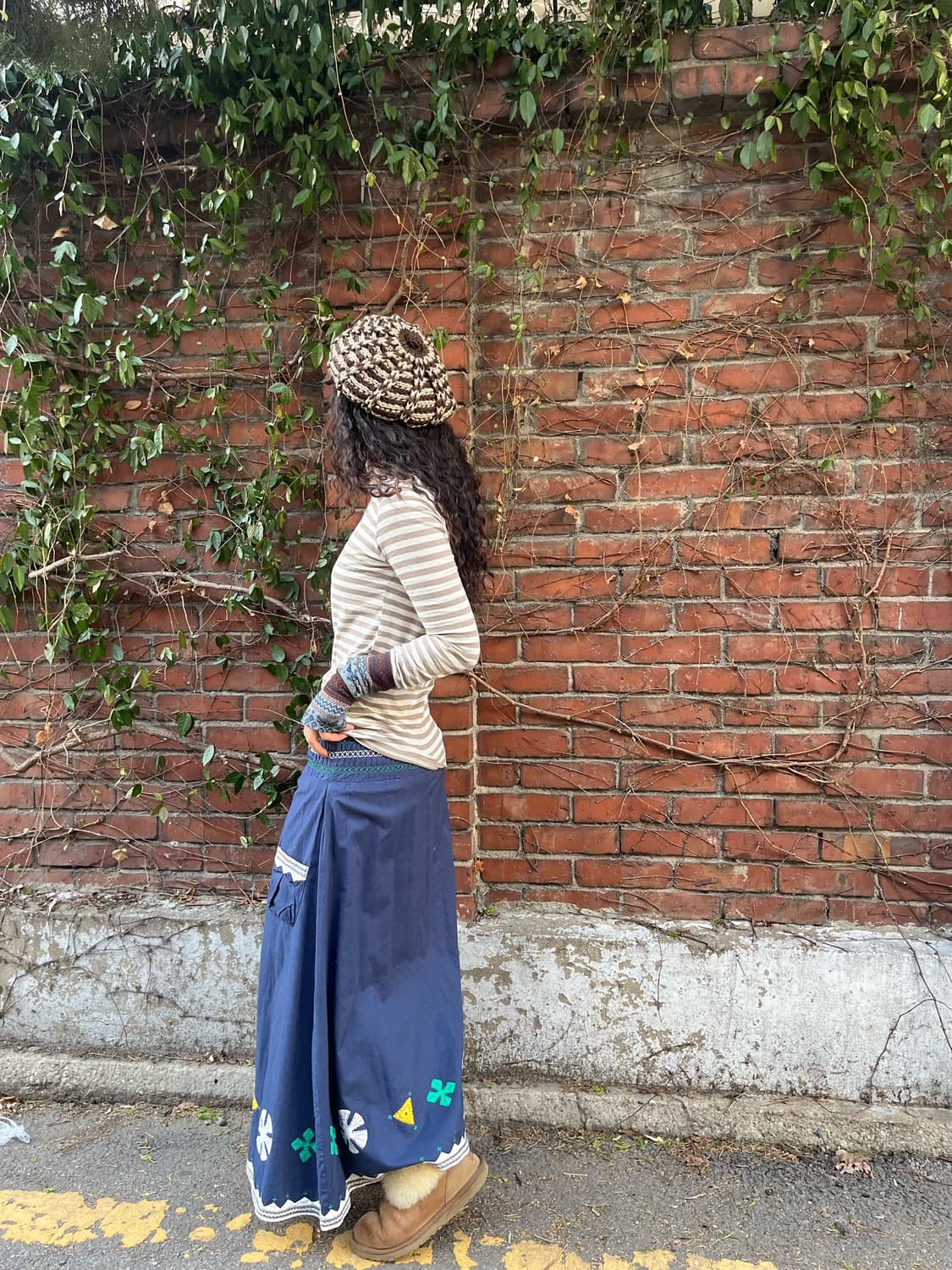 패치 포인트 블루 코튼 롱스커트 상품이미지4