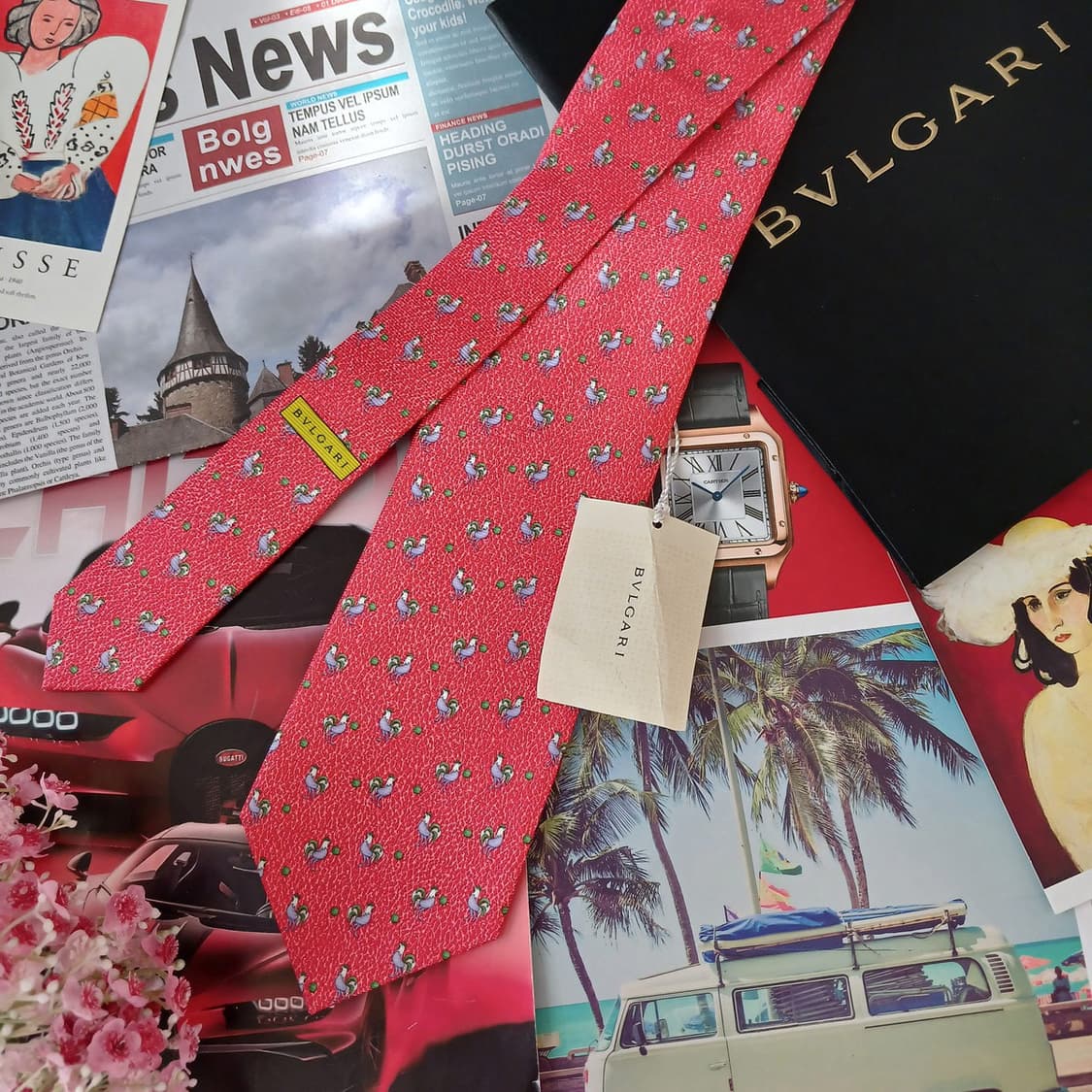 불가리 실크 레드 닭 모티브 넥타이 9.9cm 새상품 A19054
 상품이미지3