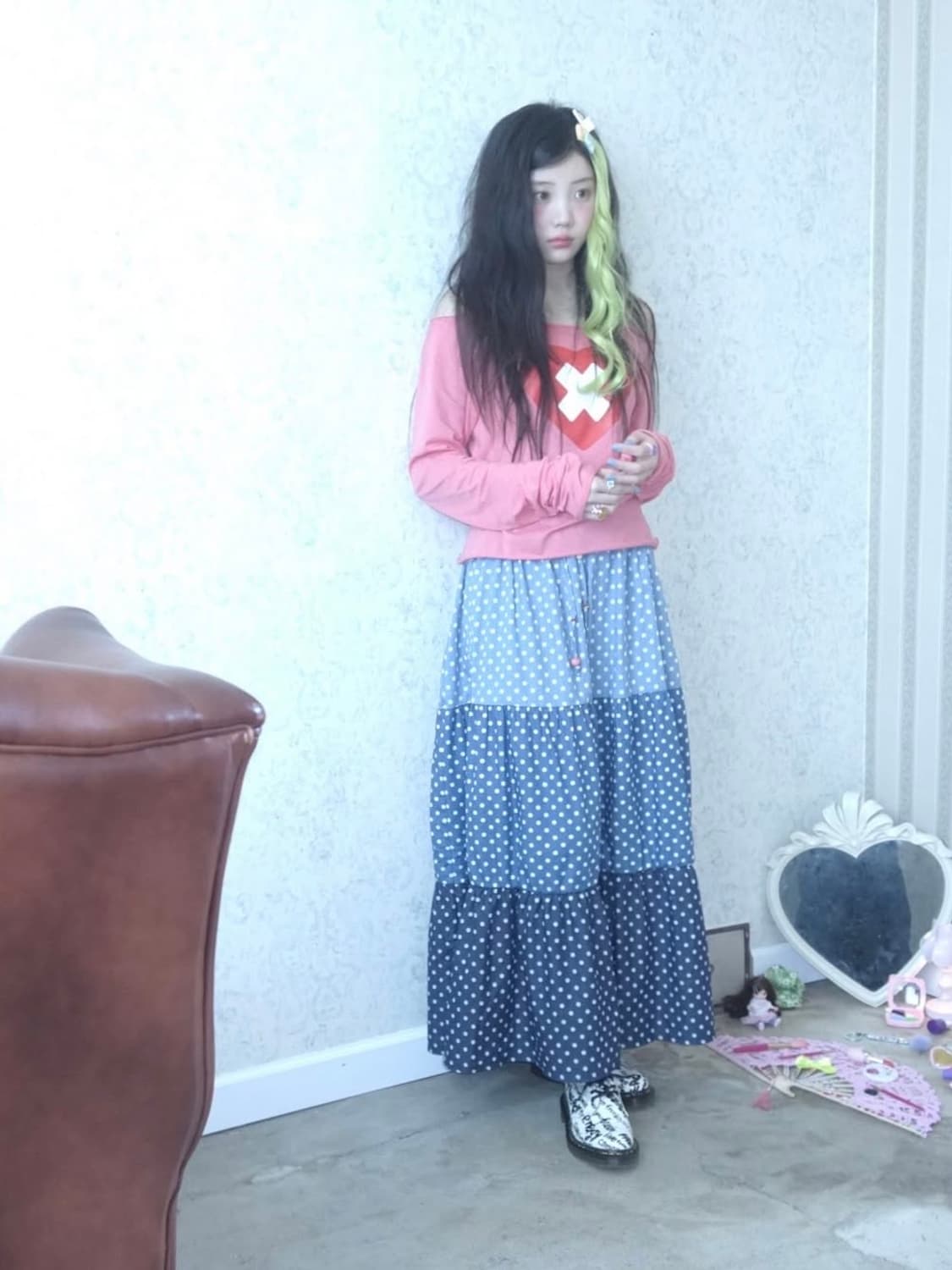 샵페어리 데님 롱 도트 치마 상품이미지2