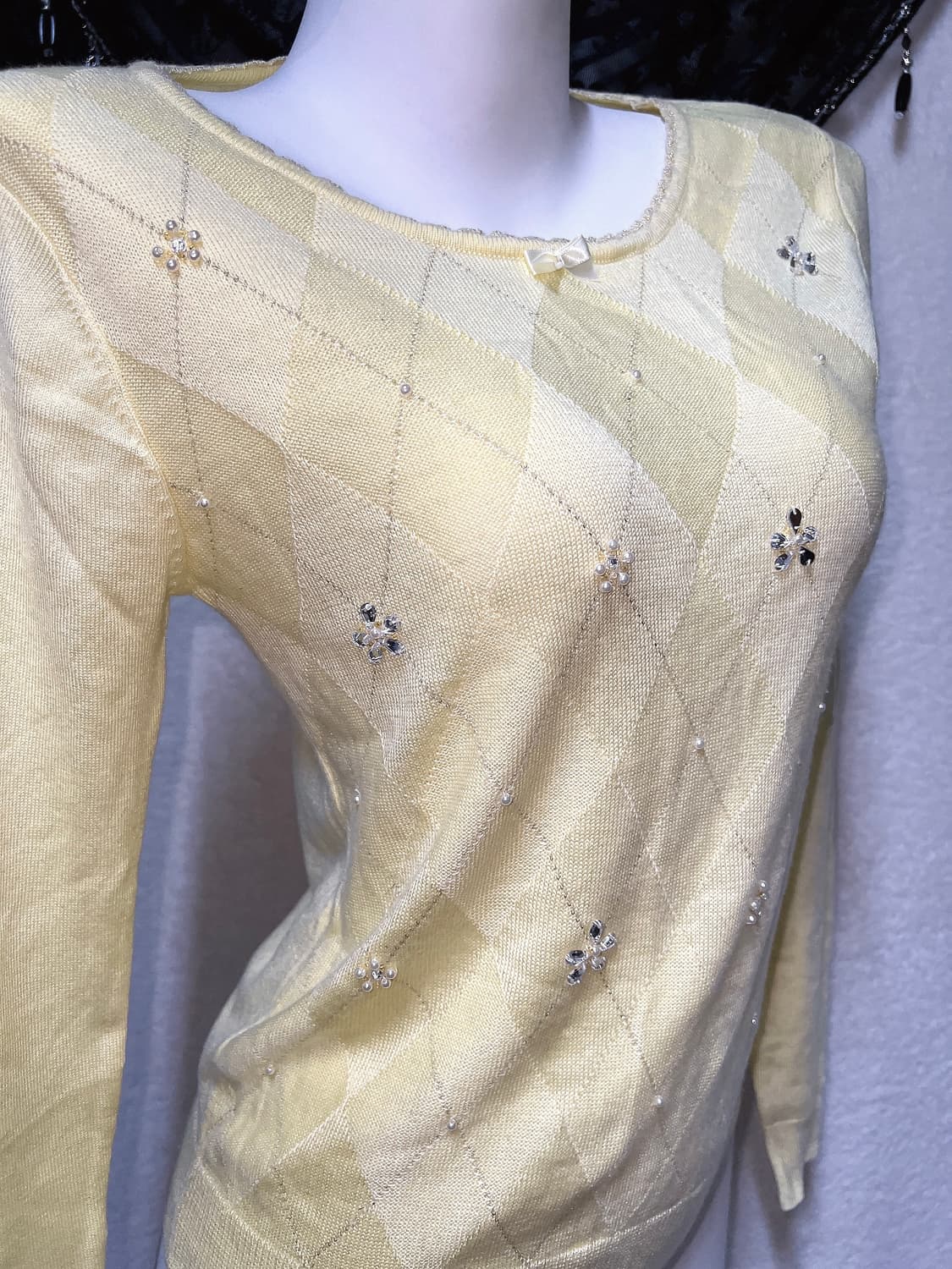 일브 아가일 진주 큐빅 니트 로맨틱갸루 로걀탑 러블리 라떼 핀터 하구미 상품이미지7