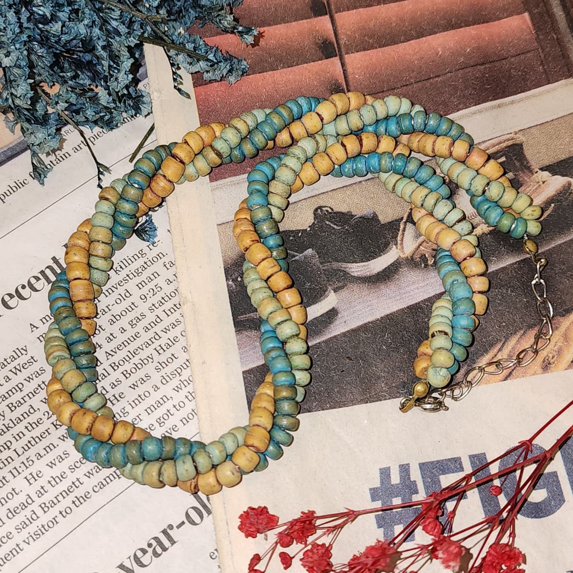 90s 프랑스 빈티지 목걸이 오션블루 탠 비즈 목걸이 엔틱 쥬얼리 상품이미지1