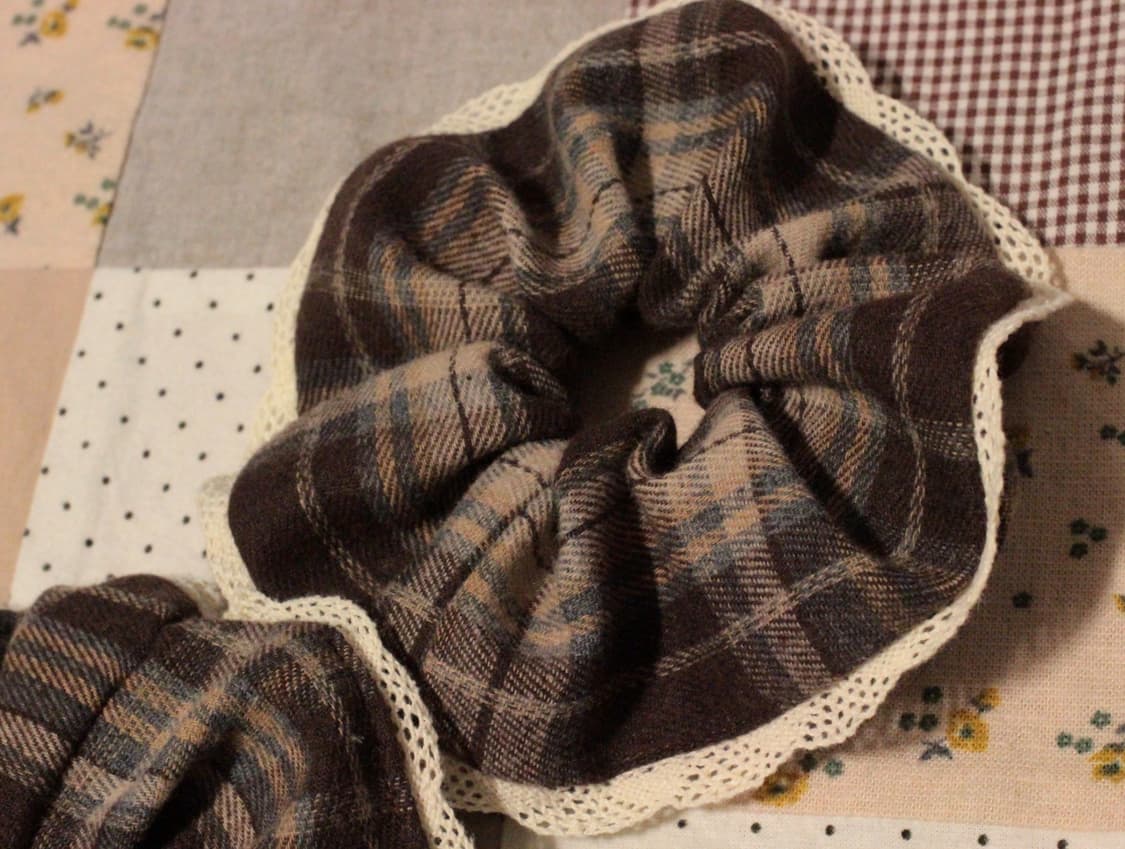 핸드메이드 레이스 브라운 체크 스크런치 상품이미지6
