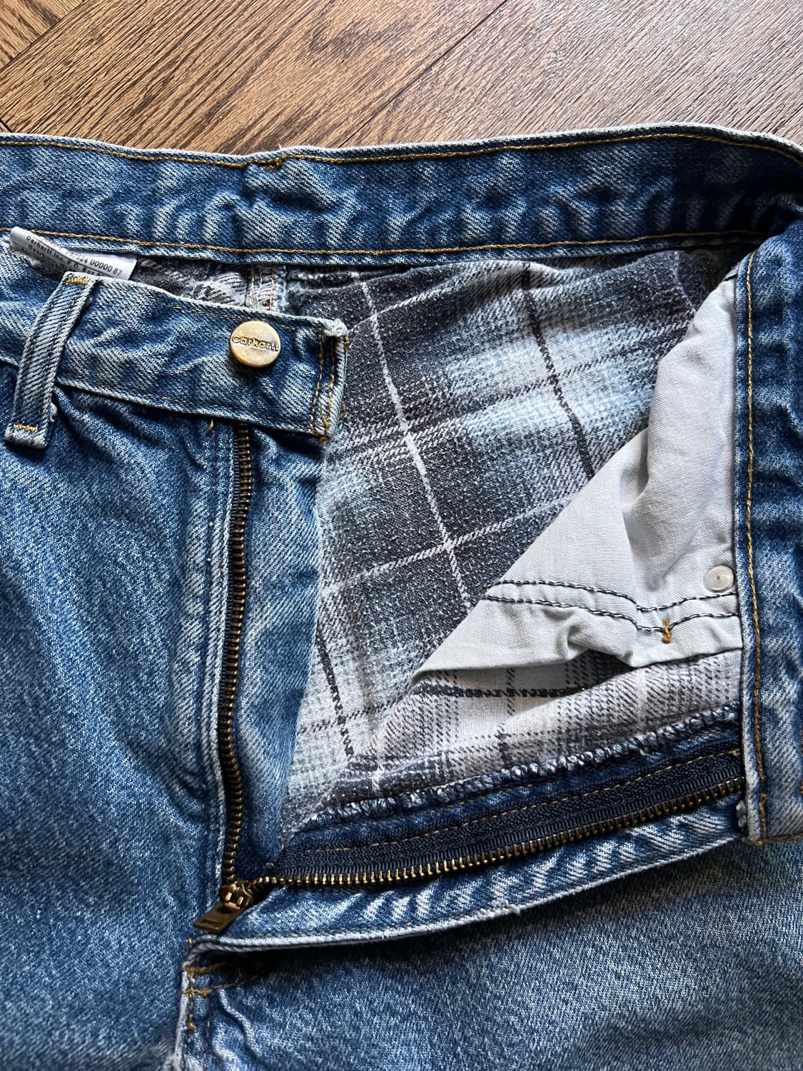 [30]칼하트 USA 체크 라이닝 빈티지 워싱 워크 데님 팬츠 상품이미지3