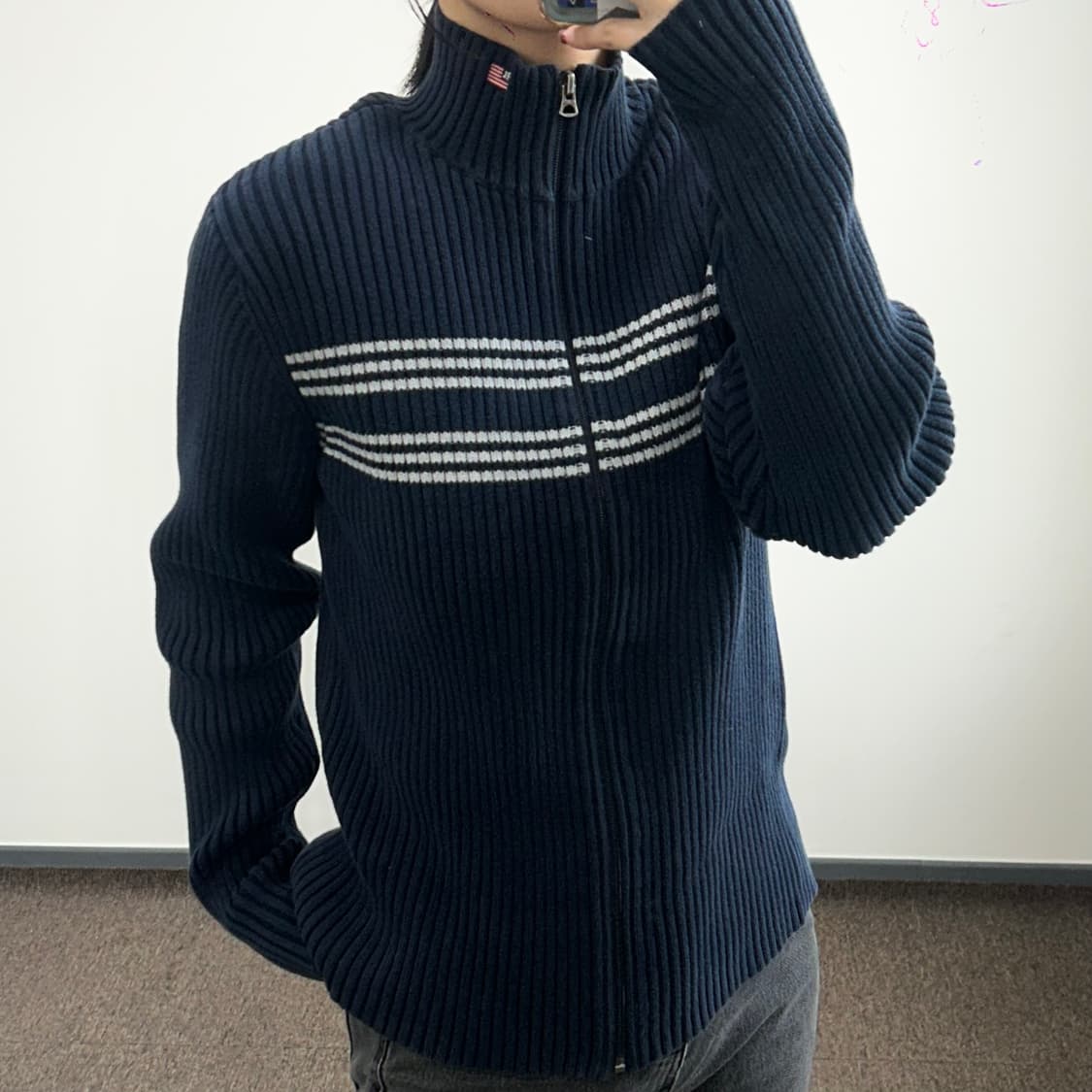 Polo 폴로 진스 넥 자수 포인트 네이비 니트집업 상품이미지2