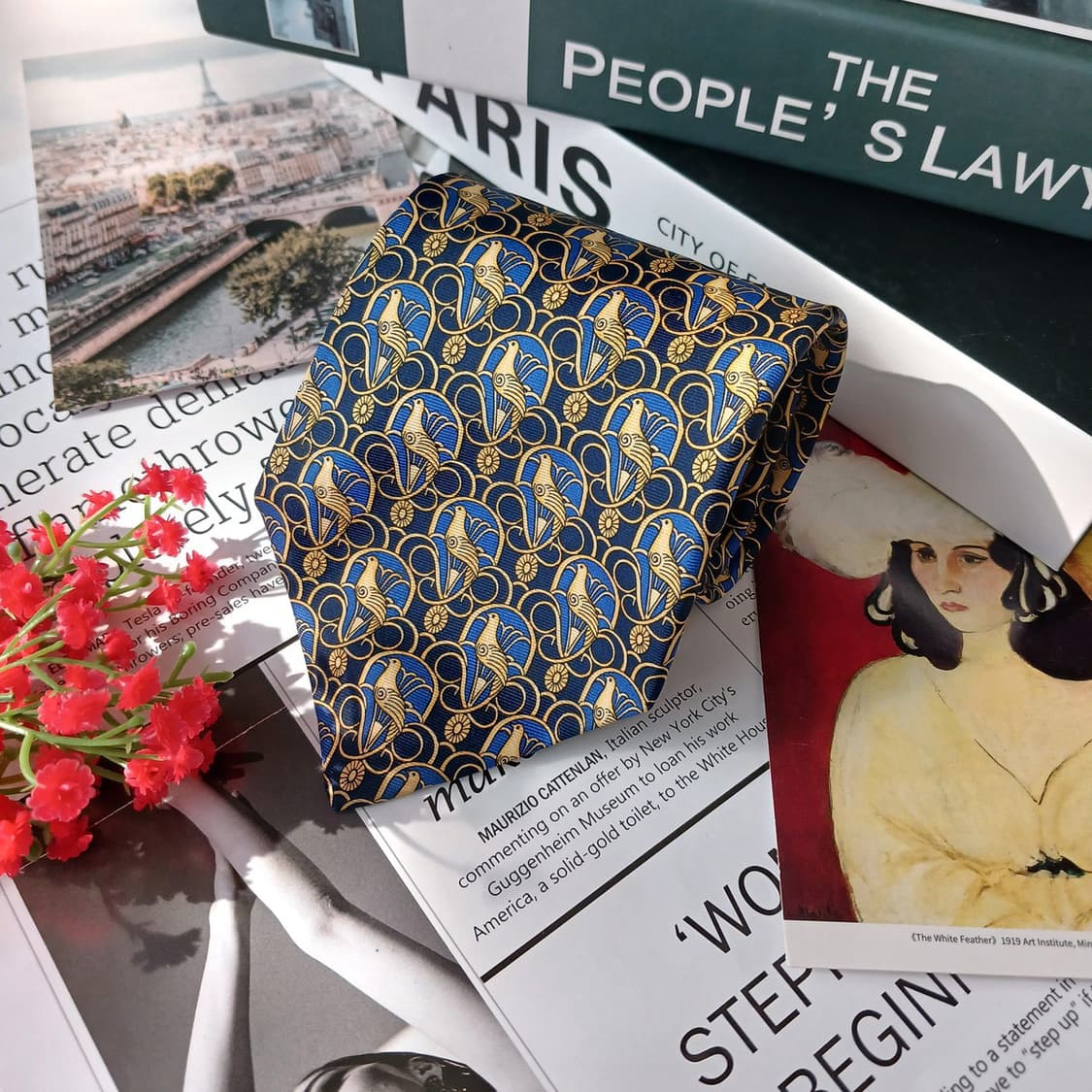 로샤스 실크 네이비 앵무새 패턴 넥타이 9.5cm S~A+등급 E791 상품이미지4