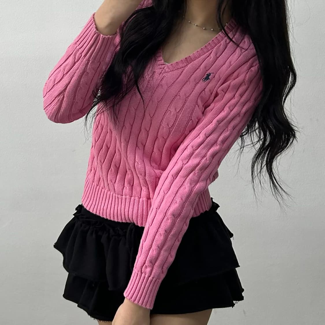 폴로 랄프로렌 신형 큐알택 핑크 케이블  브이넥 걸즈 니트(XS) 상품이미지1