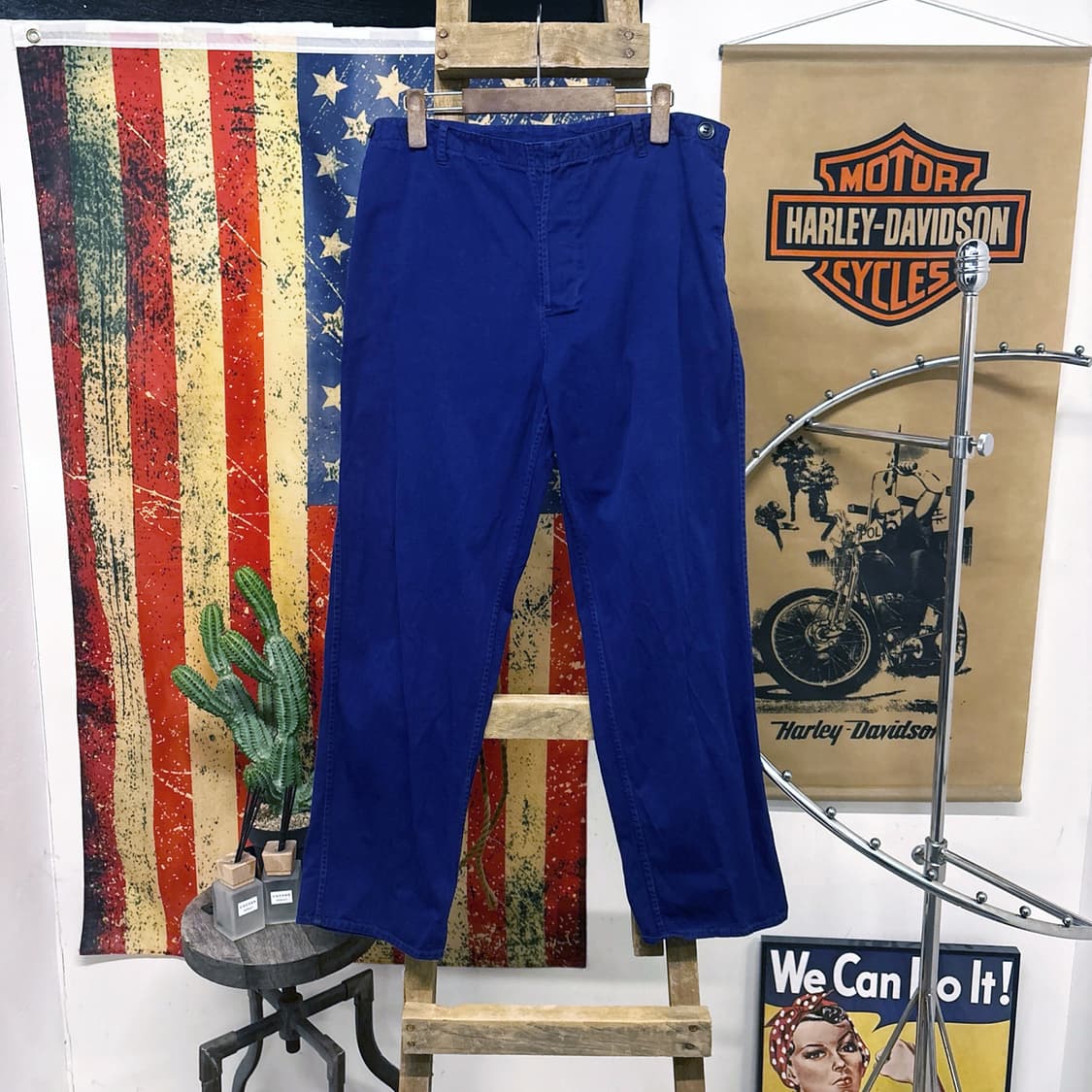 70s 오리지널 프렌치 워크팬츠 서스펜더 버튼플라이 잉크블루 N680 상품이미지1