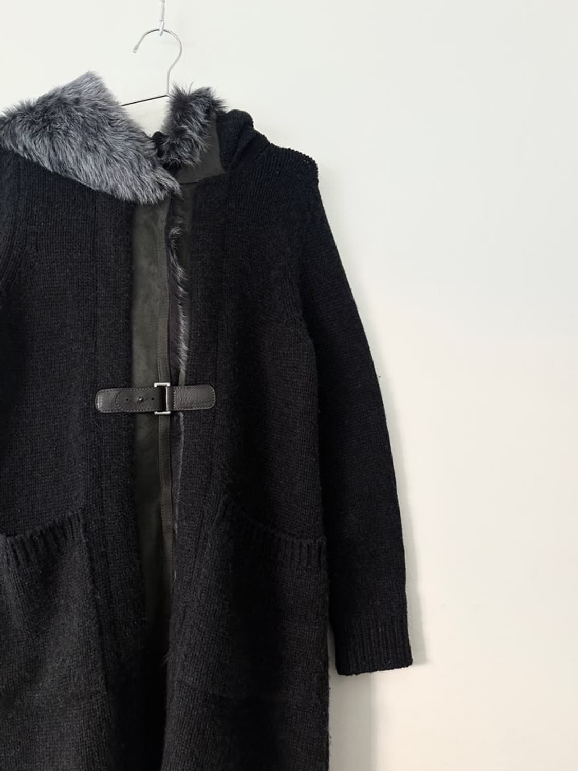 Leather mix buckle hoody cardigan / navy 상품이미지3