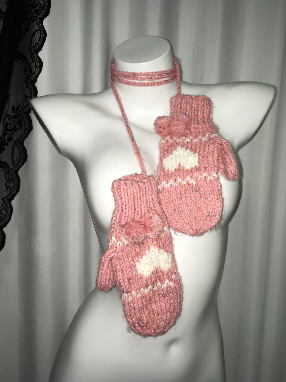Vintage 하구미 모리걸 하트 뜨개자수 니트 벙어리장갑 뮤트핑크 상품이미지5
