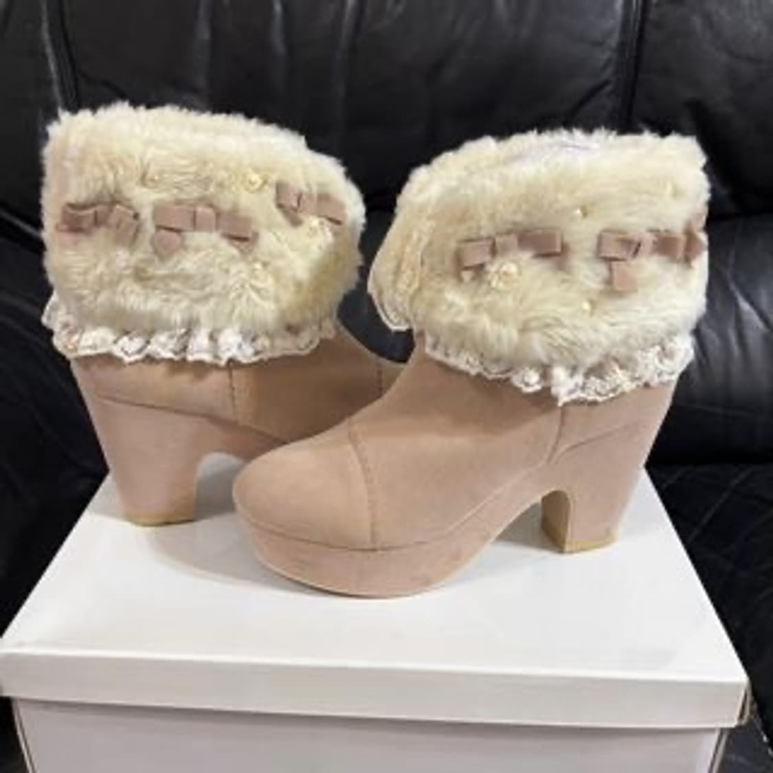 리즈리사 퍼 부츠 힐 라떼갸루 히메갸루 어그 아가일 큐롯 롱부츠 상품이미지3