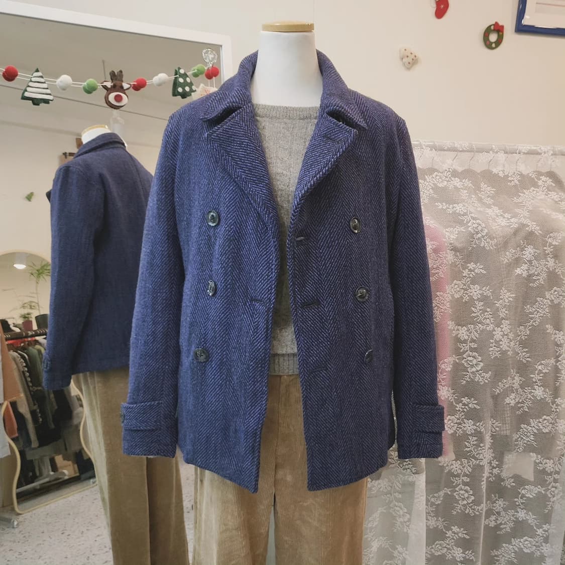 FUGA 블루 헤링본 누빔 피코트 상품이미지8