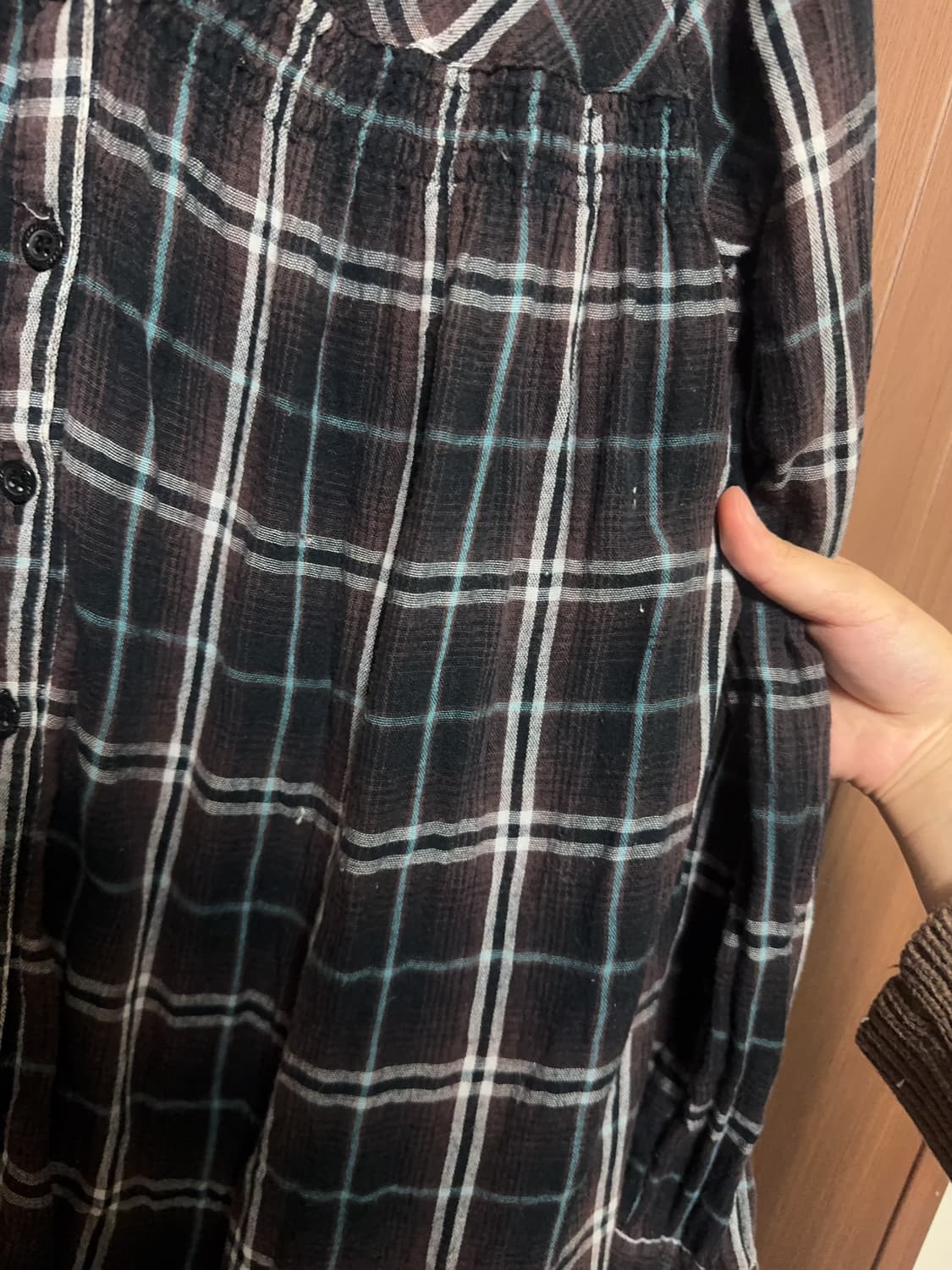 모리걸 하구미 일본 빈티지 브라운 체크 셔츠 남방 블라우스 원피스 상품이미지3