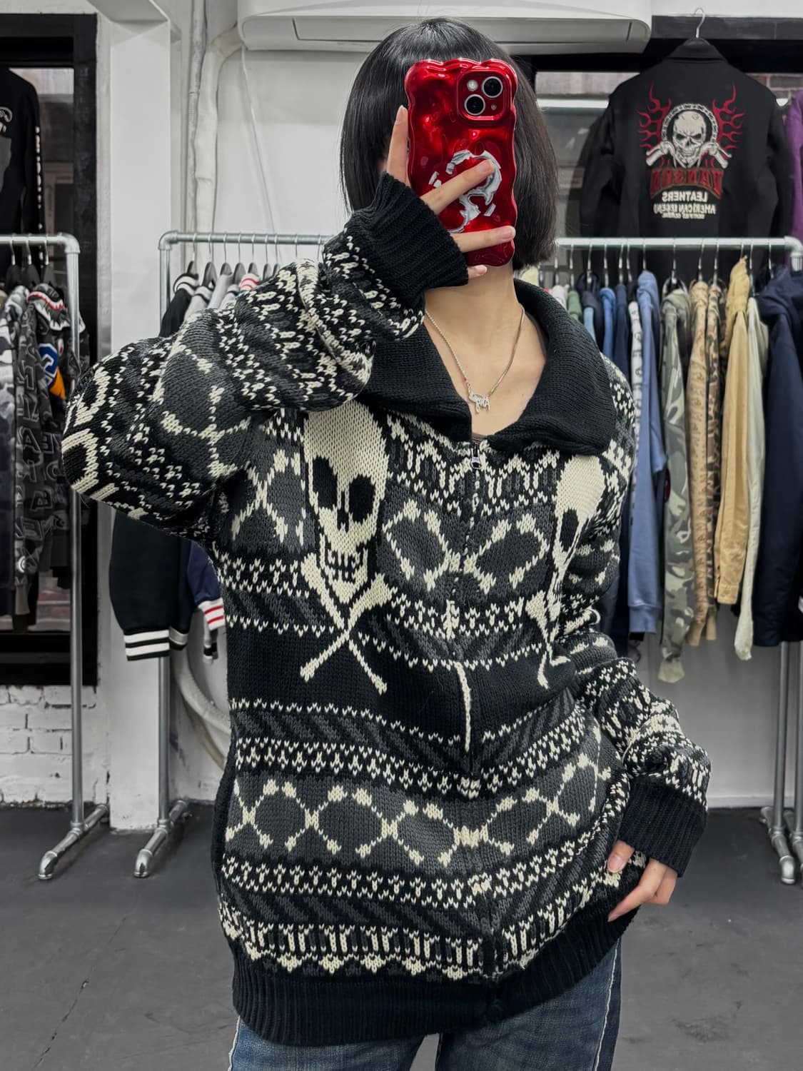 밴슨 레더 스컬 니트 집업 상품이미지4