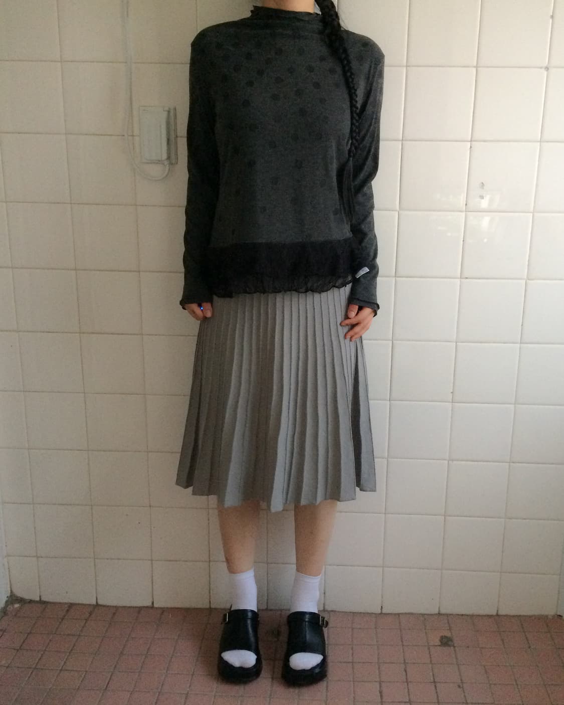 Lace layer dot pattern high neck sleeve 상품이미지1