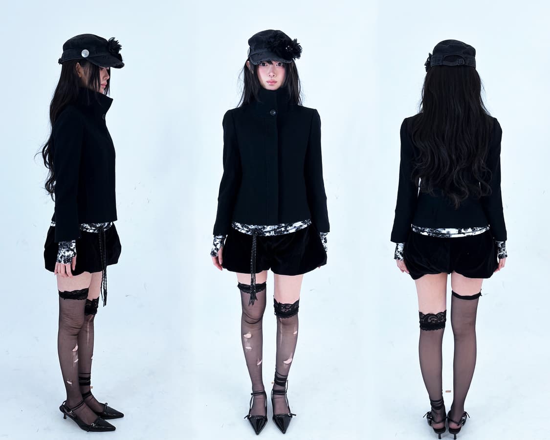 Black hidden button basic short coat 상품이미지2