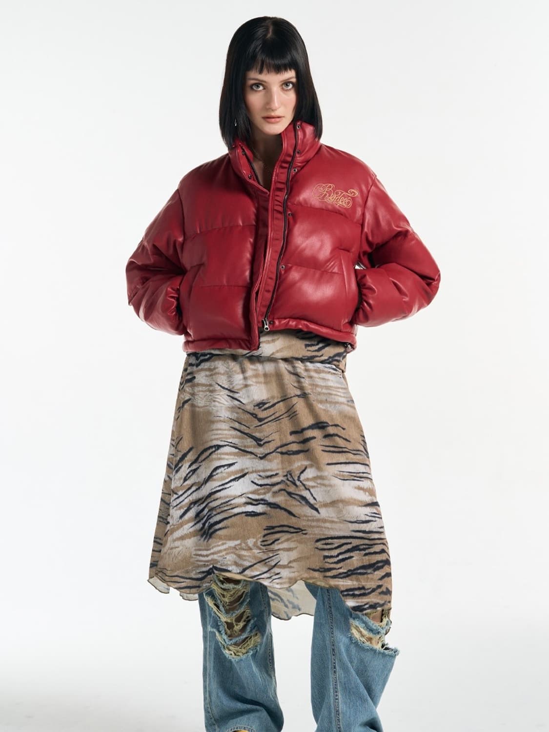 Badee 배디 빈티디 y2k 레더 셔링 자수 로고 크롭 패딩 점퍼 L 상품이미지5