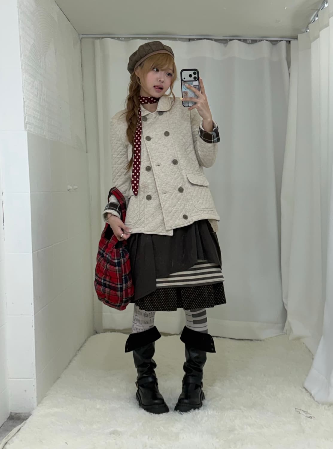 베이지 브라운 퀄팅 니혼진 도트 모리걸 사와코 코디세트 상품이미지1